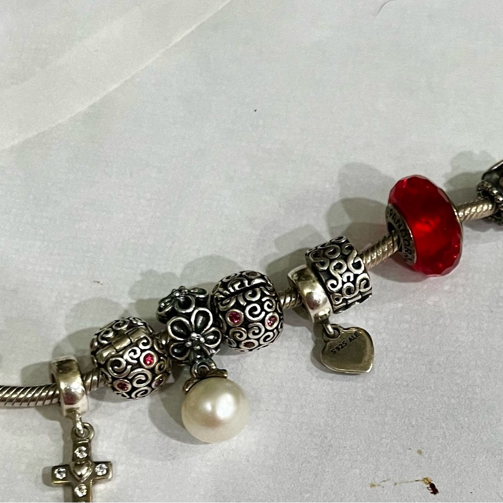 Pandora Silver and Red Bracelet with Intricate Charms